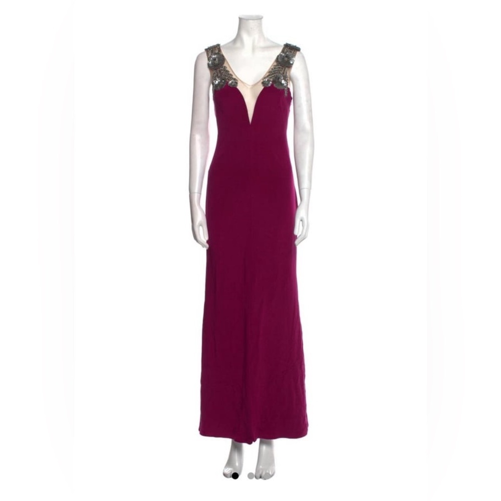Marchesa notte magenta silk low back gown with silver beaded floral aplique